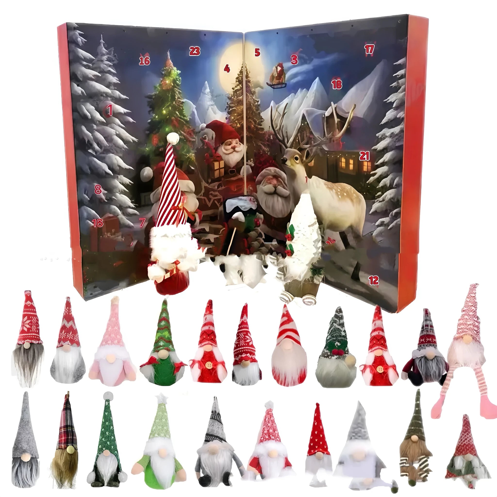 2025 Christmas Gnome Arrival Calendar with 3 plush gnomes and 21 soft rubber ornaments in festive double-opening design