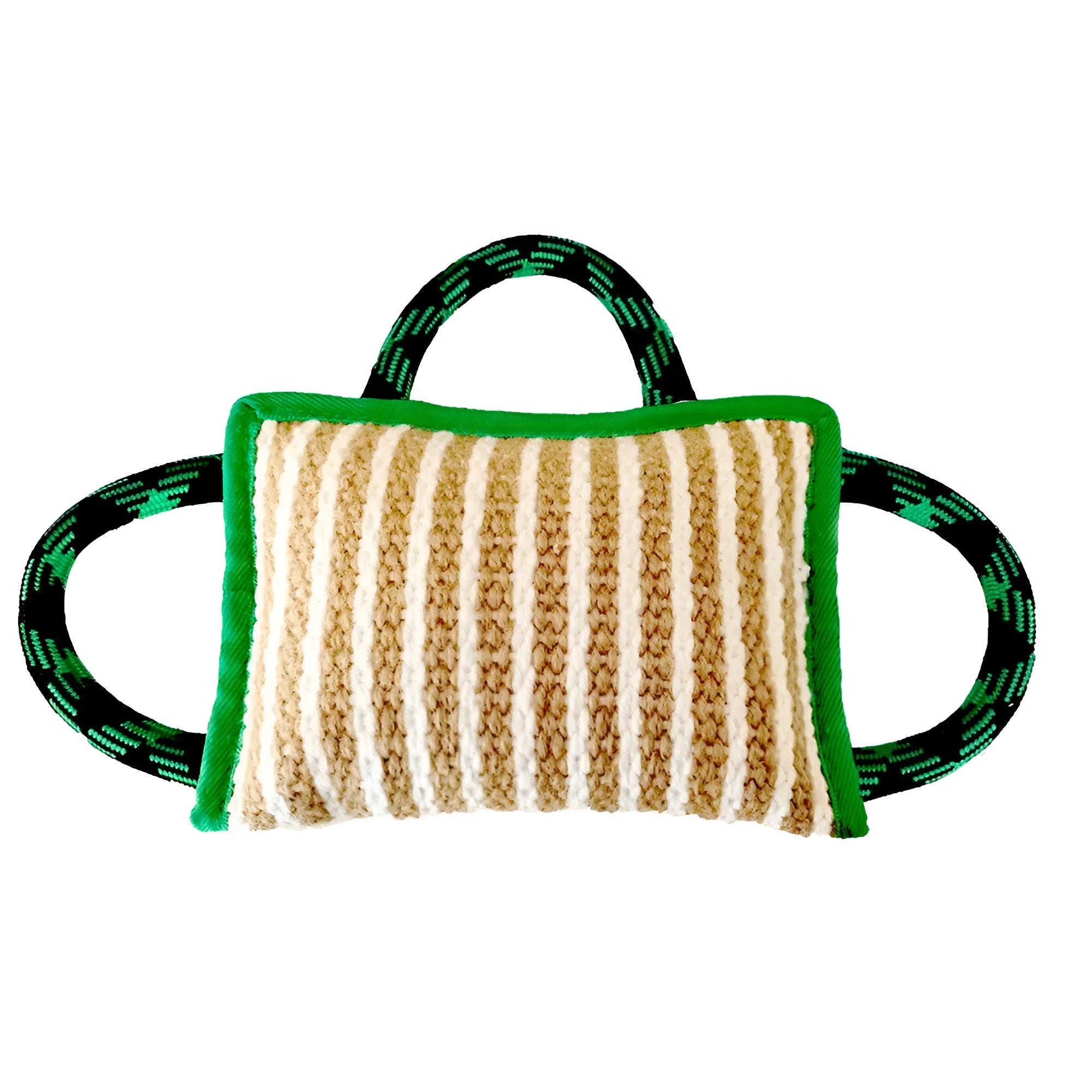 Dog tug of war toy with blue jute bite pillow and three rope handles on a wooden floor.