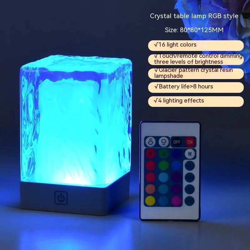 Mini crystal lamp with USB cable and touch control, plastic body, 80x80x12mm size on a desk