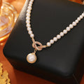 Knotted pearl pendant necklace with geometric brass micro inlay design for women