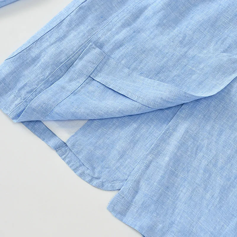 Men's thin linen suit coat in a solid colour with a stick pocket on the chest.