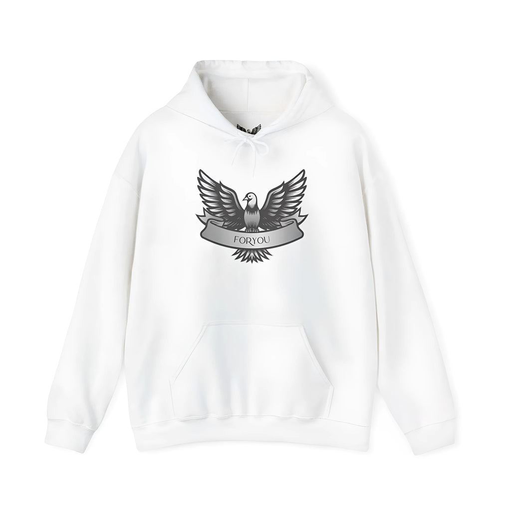 A white unisex pullover hoodie with a hood and long sleeves on a hanger.