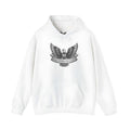 A white unisex pullover hoodie with a hood and long sleeves on a hanger.