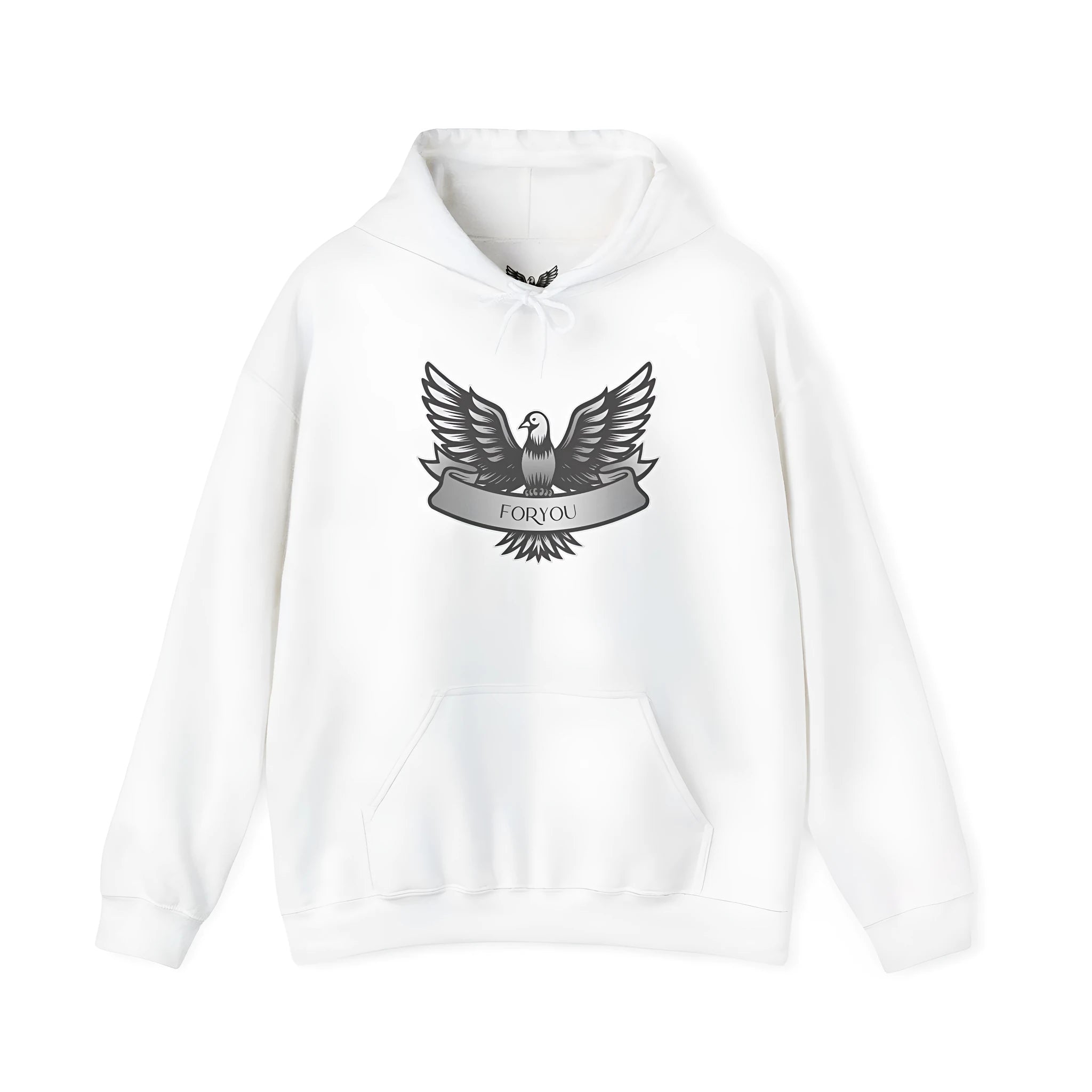 A white unisex pullover hoodie with a hood and long sleeves on a hanger.