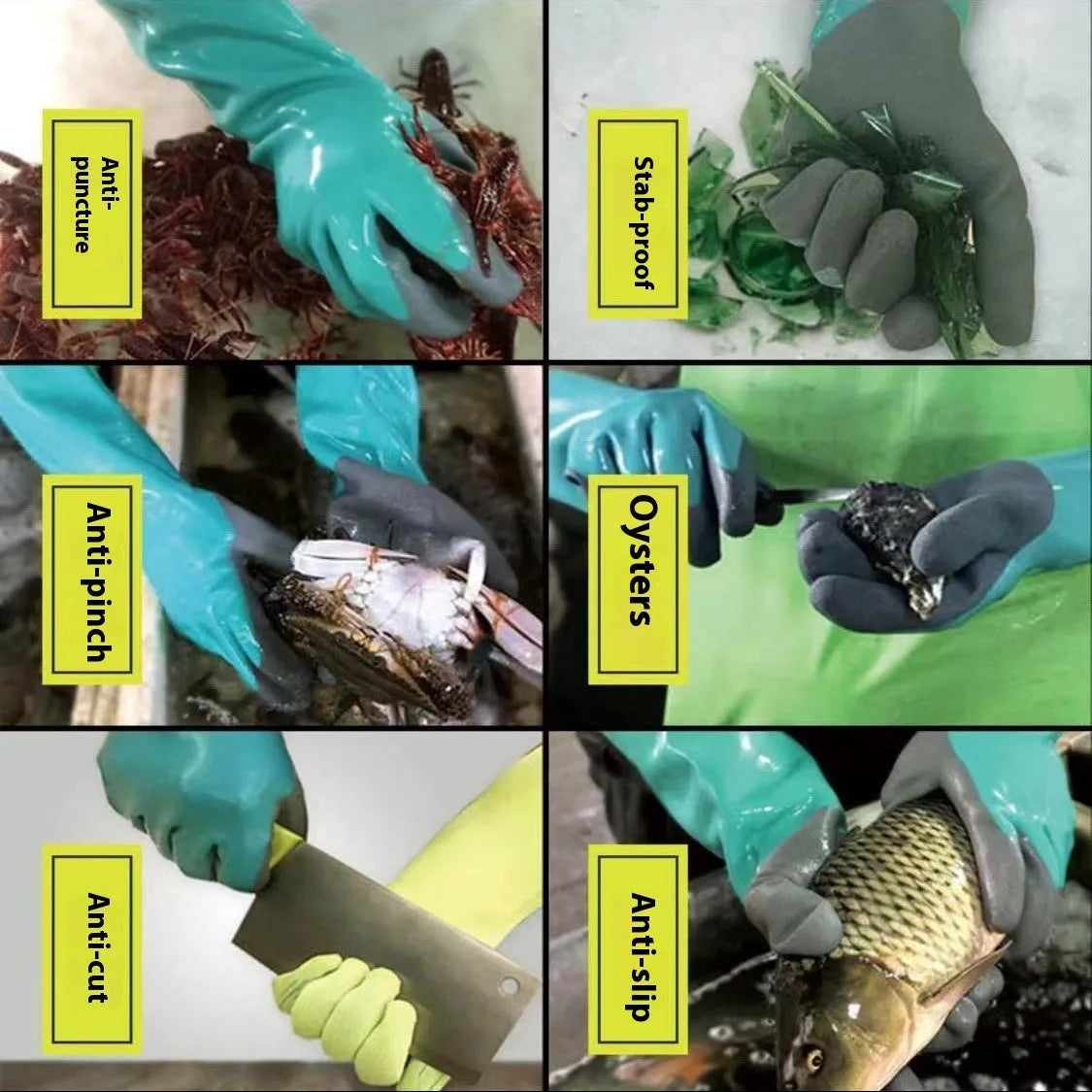 Navy blue nitrile fishing gloves with extended cuff, shown on hands holding a fish.