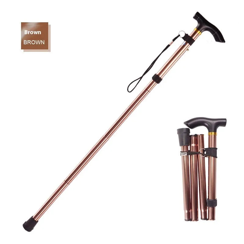 Aluminium alloy folding walking cane with adjustable telescopic shaft and ergonomic handle.