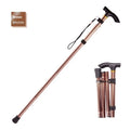 Aluminium alloy folding walking cane with adjustable telescopic shaft and ergonomic handle.