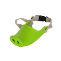Green silicone anti-bite mouth cover for dog with long snout, showing size comparison