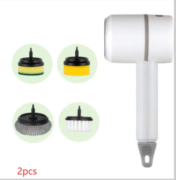 White electric cleaning brush with rotating scrub head and separate scouring pad attachment