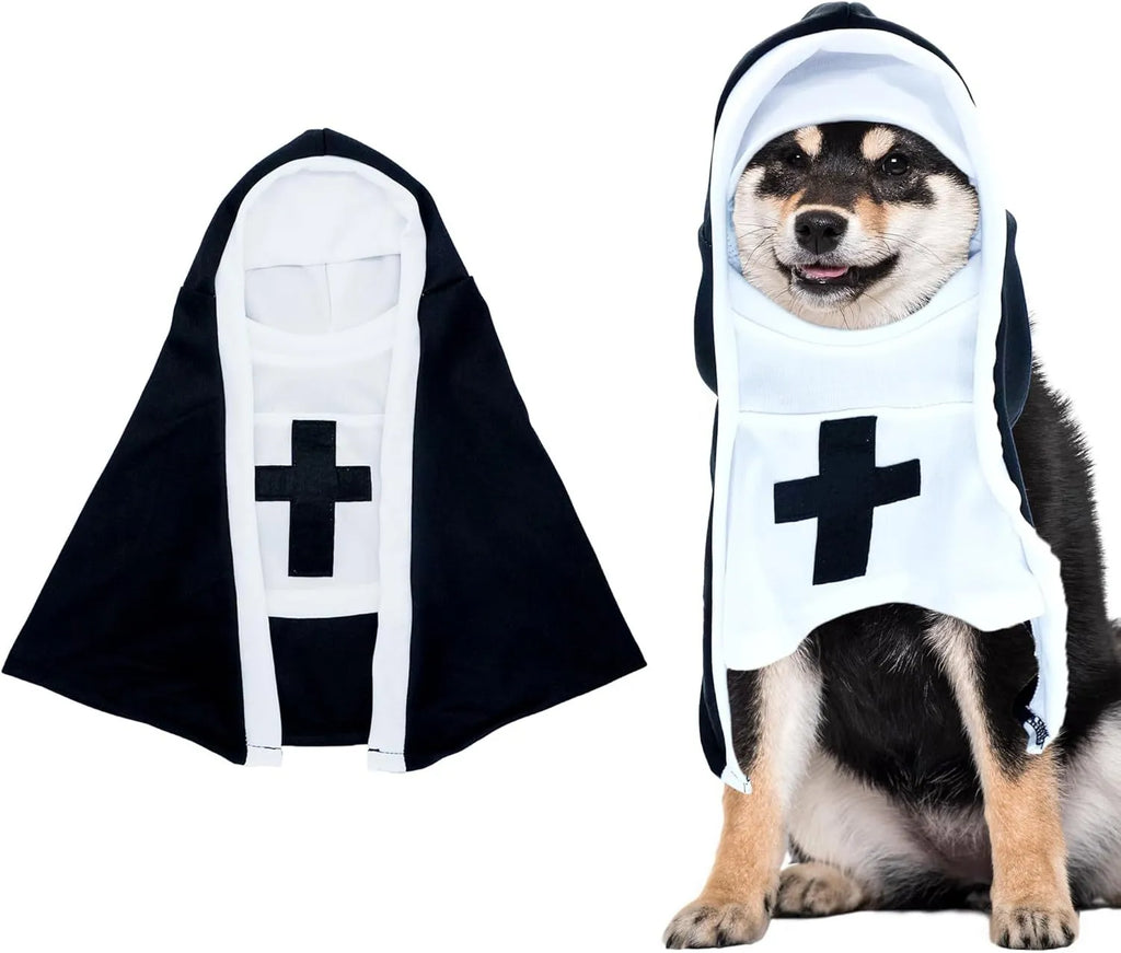 Black and white nun cloak costume on a small dog