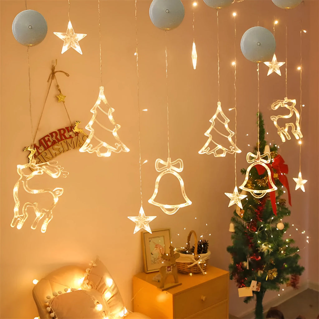 Christmas LED decorative light with suction cup showing Santa Claus, elk and snowman designs on window