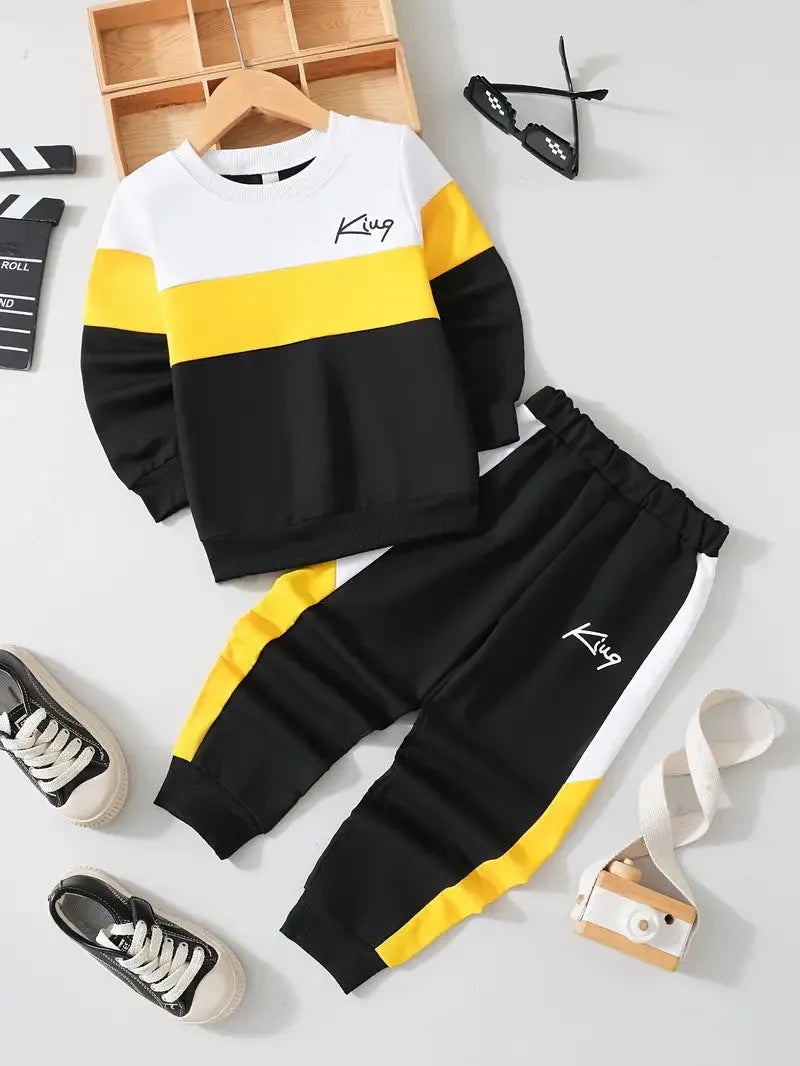 Design Sense boys cotton blend pullover hoodie and jogger trousers two-piece set in multicolour options