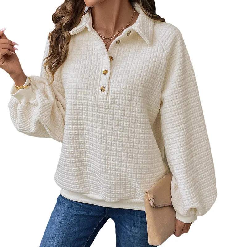 Milky white women's sweater with a textured polo collar and long sleeves