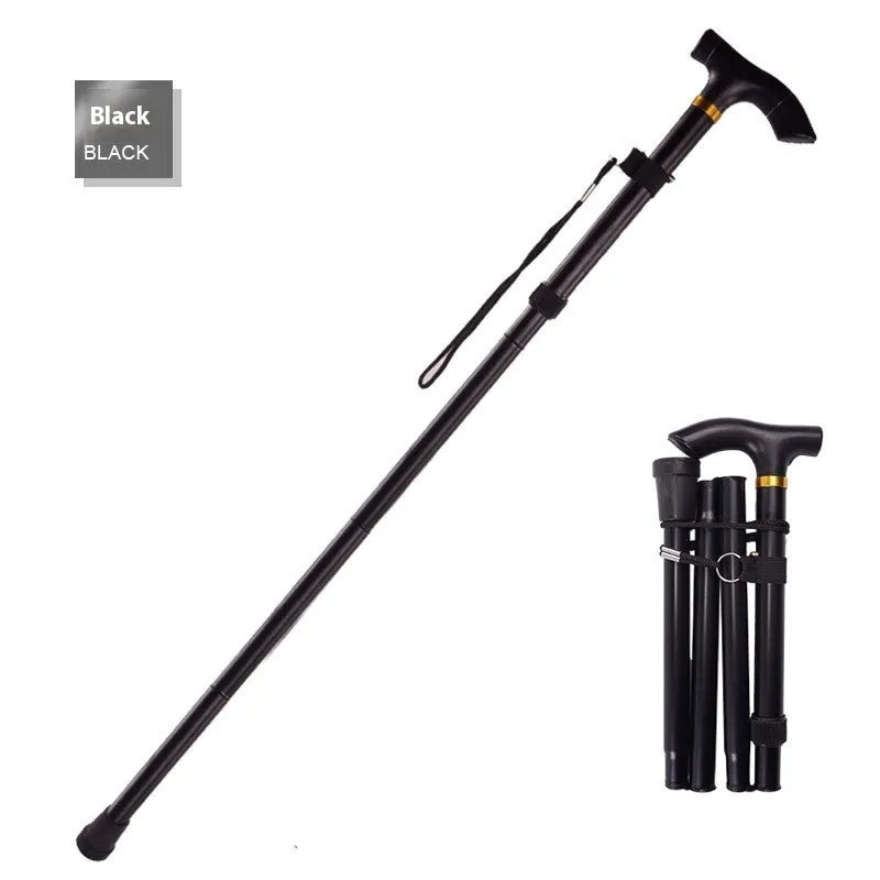 Adjustable aluminium folding walking cane with a non-slip rubber tip, shown extended.