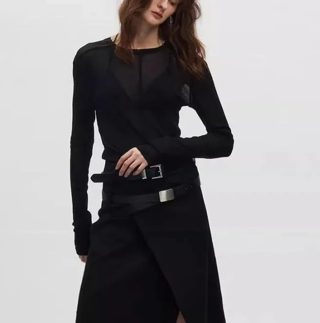 Black mesh see-through texture slim-fit long sleeve PU pullover on a hanger.
