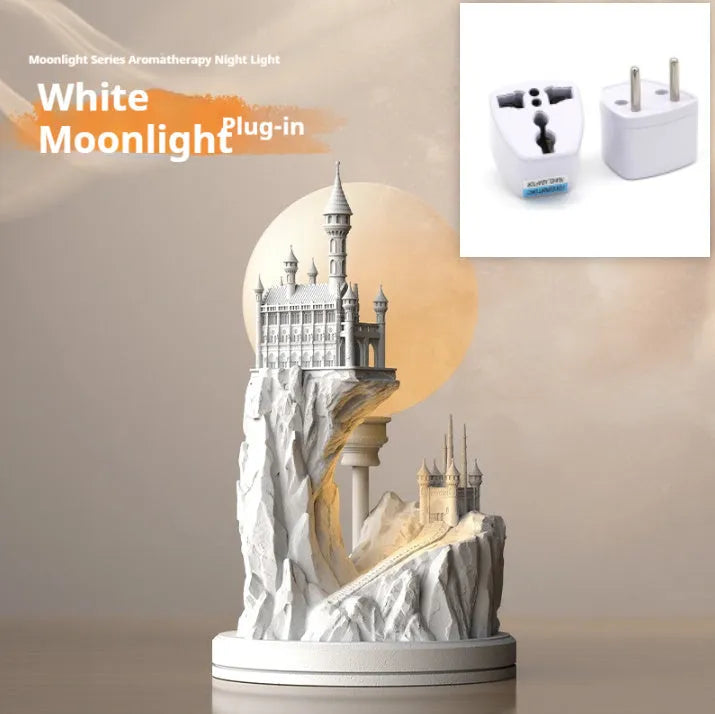 White composite gypsum table night lamp with plug and wire switch on a surface.