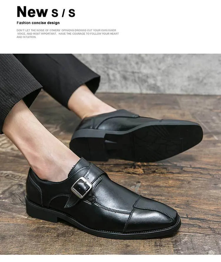 Men's brown-blue retro leather casual shoes with decorative buckle and tall crown