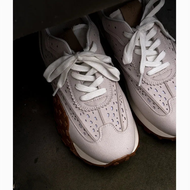 Grey retro thick-soled colour-block jogging sneakers with cloth and microfiber leather upper