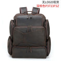 Dark brown men's leather backpack open to show internal compartments for a 17-inch laptop and organisation pockets.