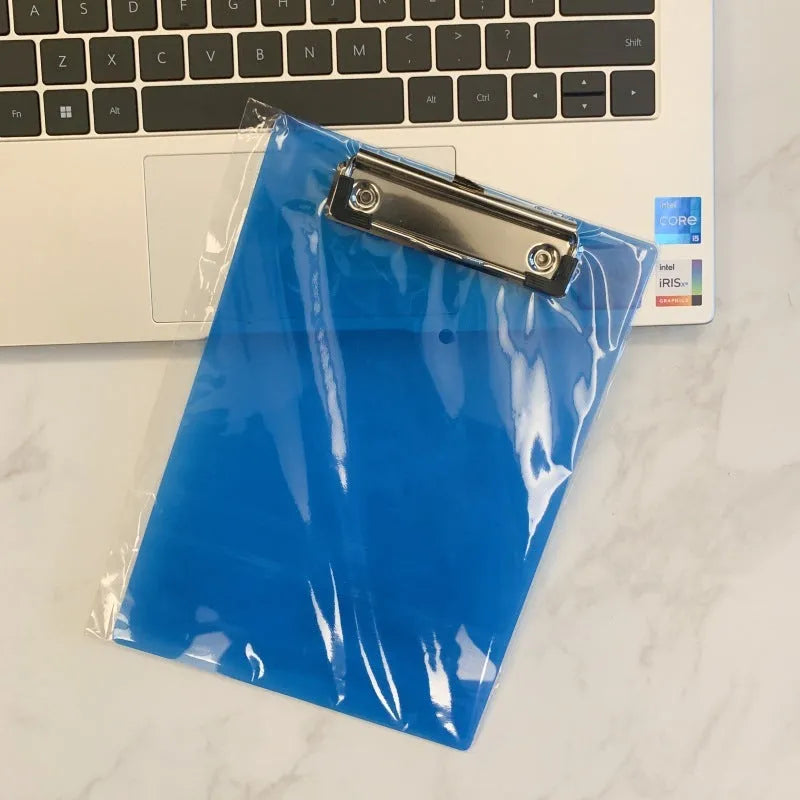 Transparent A4 plate holder with metal flat clip and writing board pad in blue colour