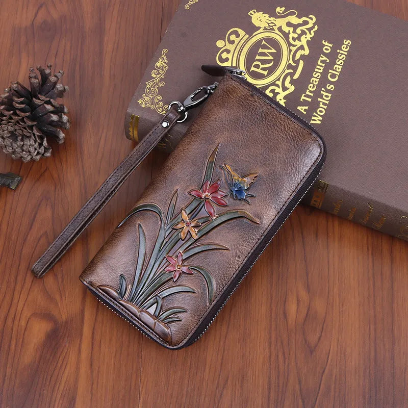 Retro genuine leather long clutch wallet with embossed flower pattern, multiple card slots, 20cm length, in retro coffee colour