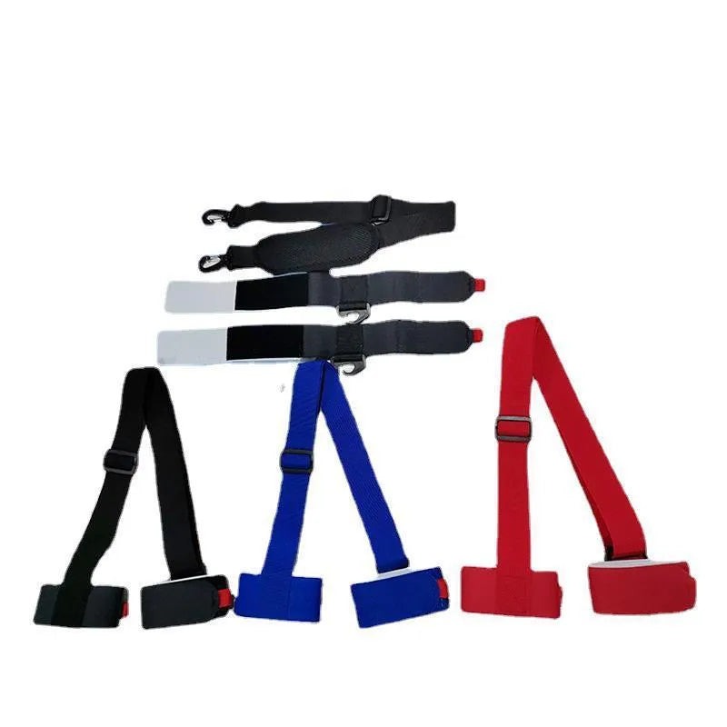 Adjustable hook and loop skiing bandage strap in black, blue, pink, or red colours.