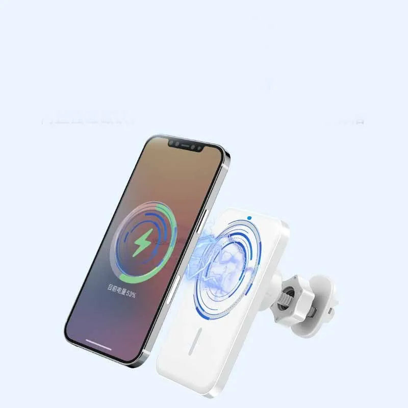 Black car magnetic wireless charger bracket mounted on car air vent with phone attached