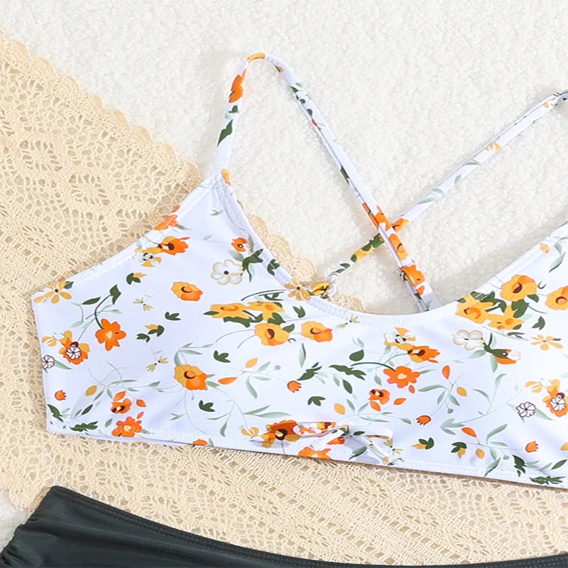 Girls floral print two-piece swimsuit set white background with cartoon and Japanese fresh pattern