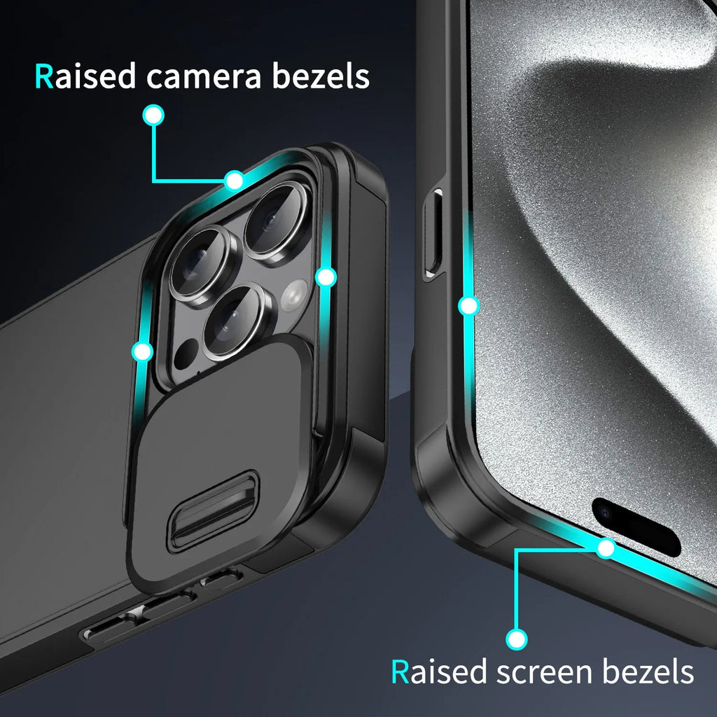 Sliding window drop-resistant phone case in black for iPhone, frosted TPU PC finish