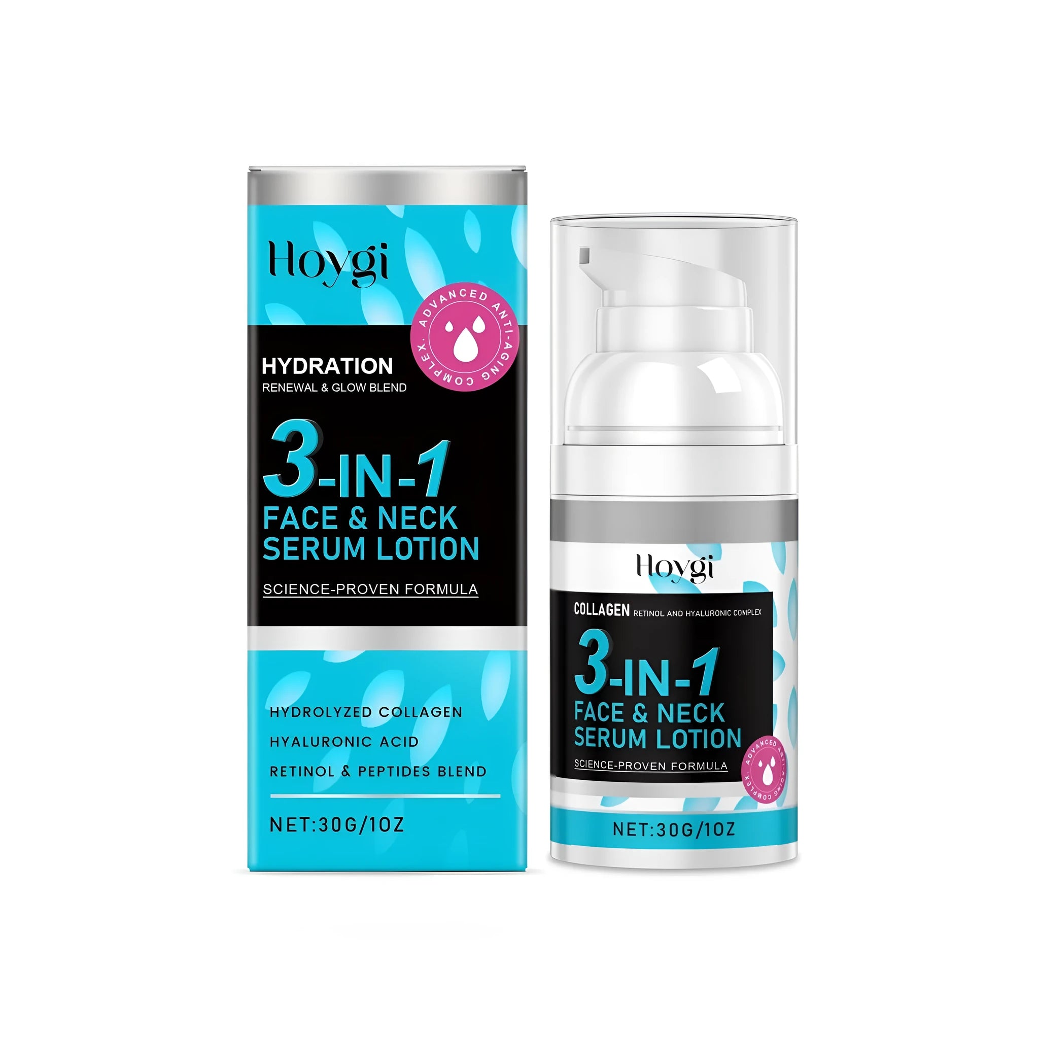 30g bottle of 3-in-1 Face and Neck Serum Lotion with collagen and retinol.