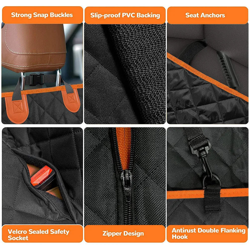 Black and orange waterproof dog car seat cover mat on a vehicle rear seat.
