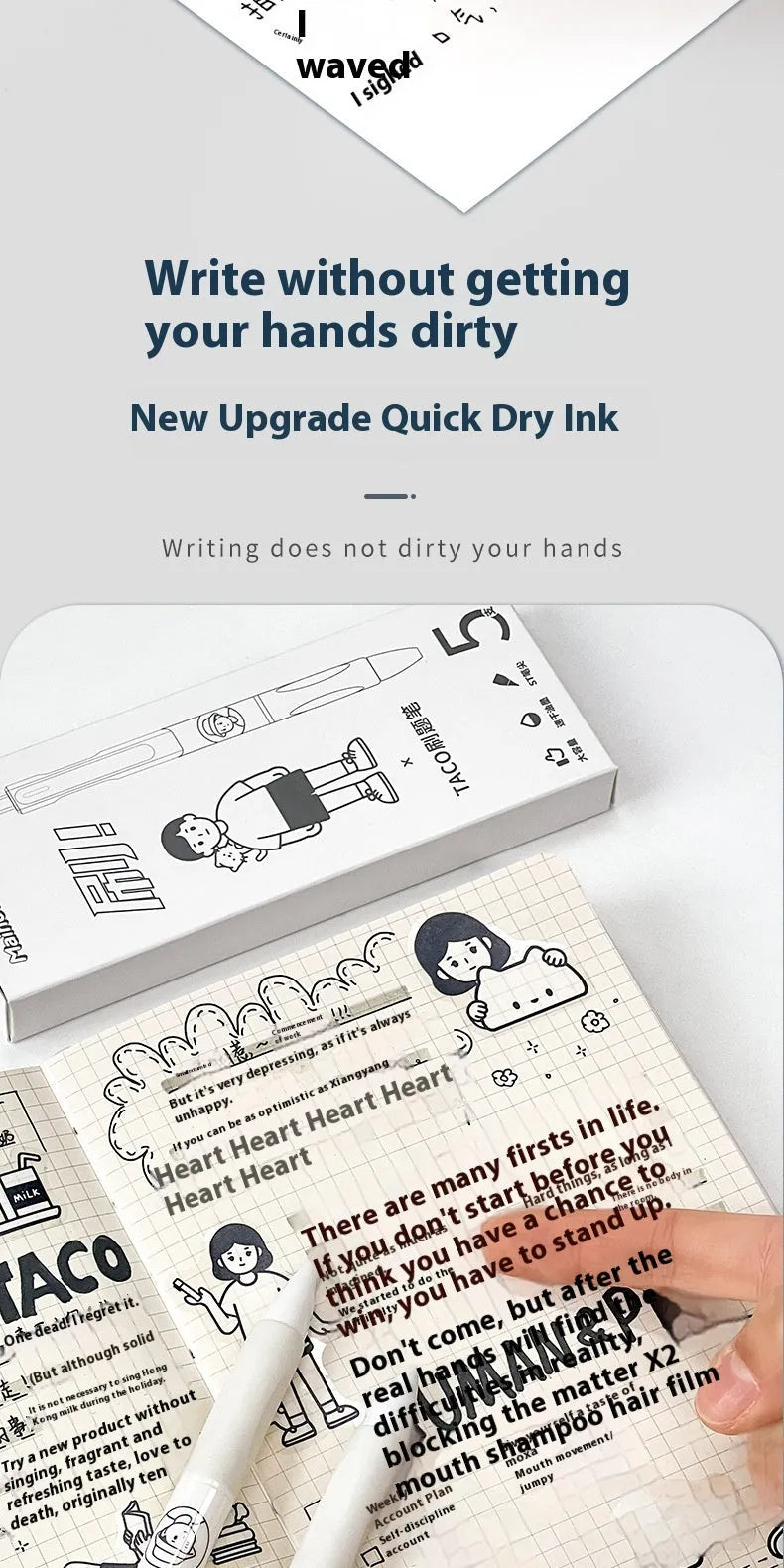 Five white ballpoint pens with 0.5mm tips and black quick-drying ink, laid side by side.