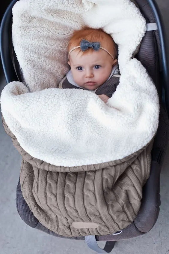 Baby stroller sleeping bag with envelope design in various colours showing lamb cashmere lining and cotton wool filling