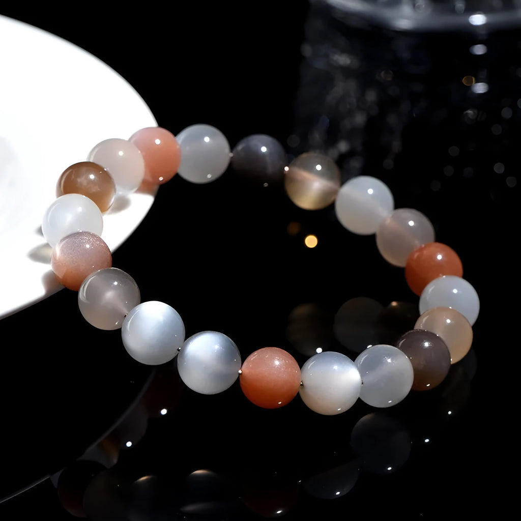 Natural moonstone bracelet with 8mm colourful beads on a single strand.