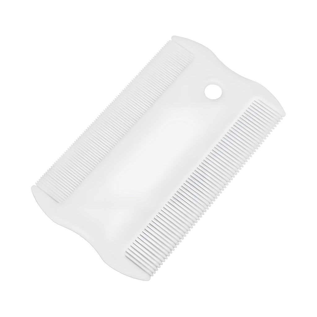 Small white double-sided plastic flea comb for dogs and cats on a blue background.