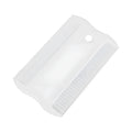 Small white double-sided plastic flea comb for dogs and cats on a blue background.