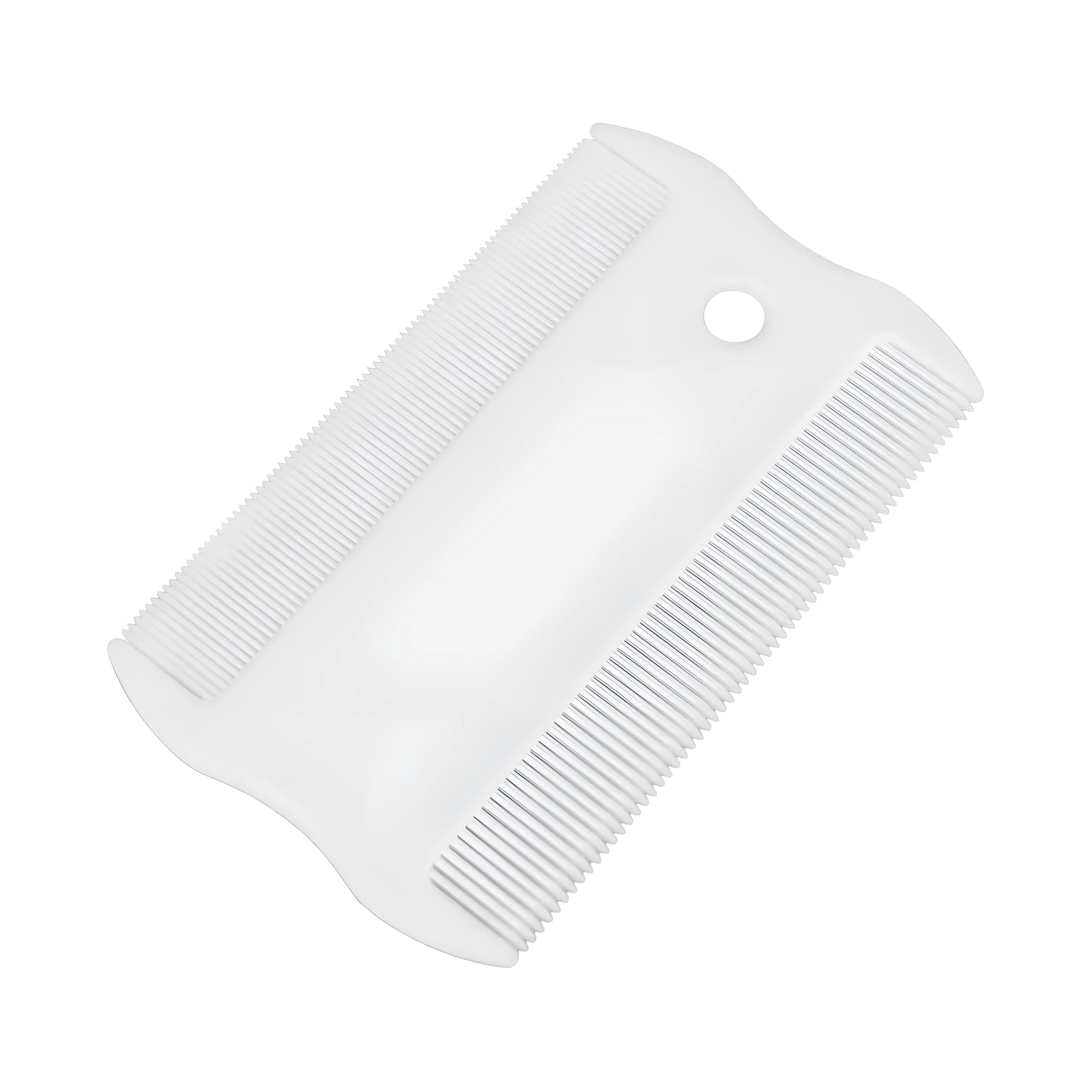Small white double-sided plastic flea comb for dogs and cats on a blue background.