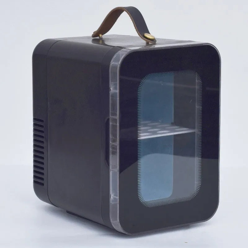 Beauty mini refrigerator with transparent door in pink, black, or white colours for car and home use