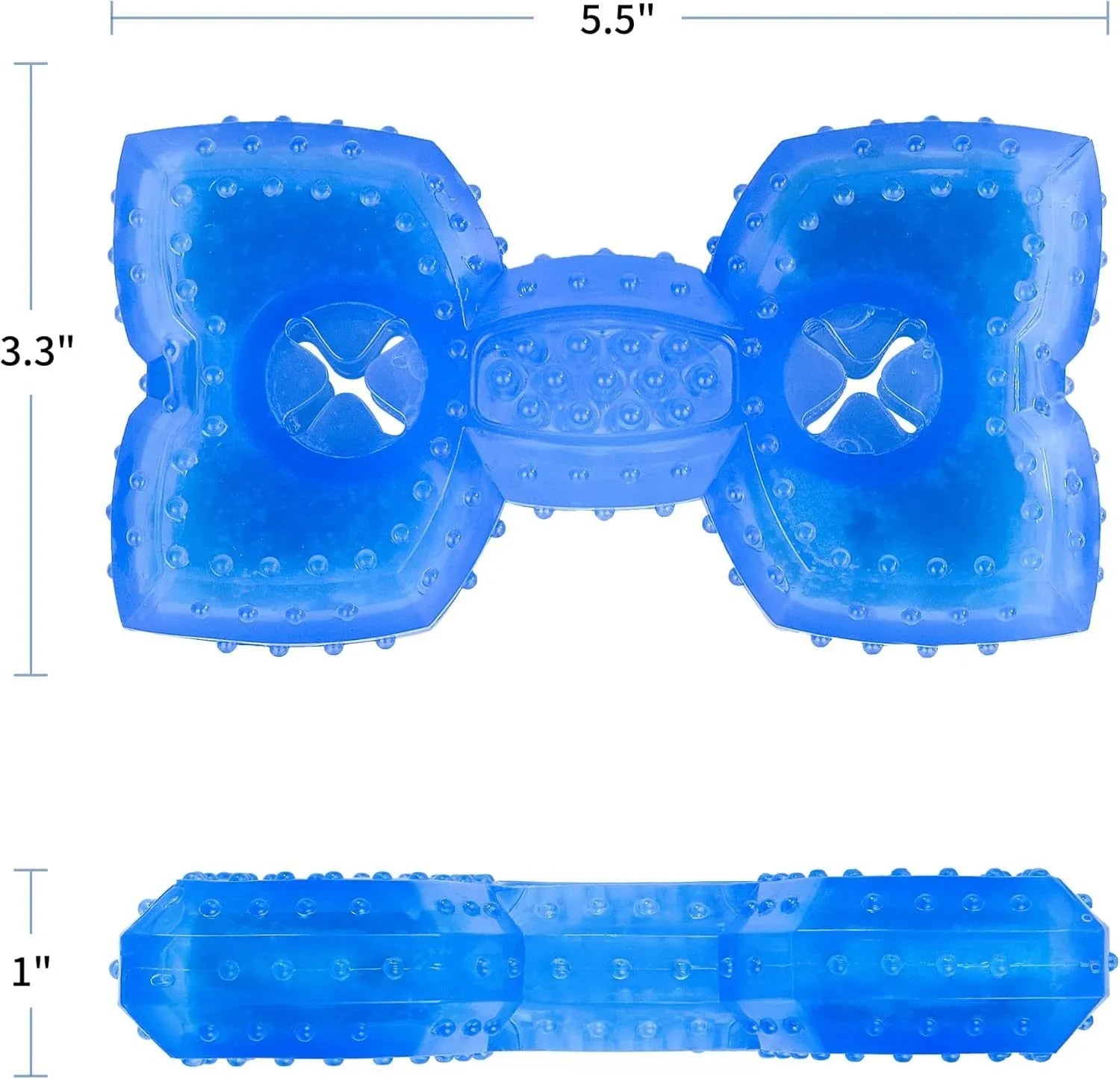 Freezable bone-shaped dog chew toy with a water-filled core for cooling and teething relief.