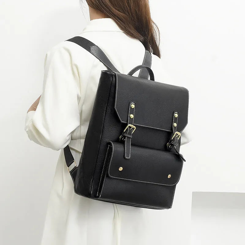 Soft retro style PU backpack shown in black, brown, creamy white, and dark brown colours