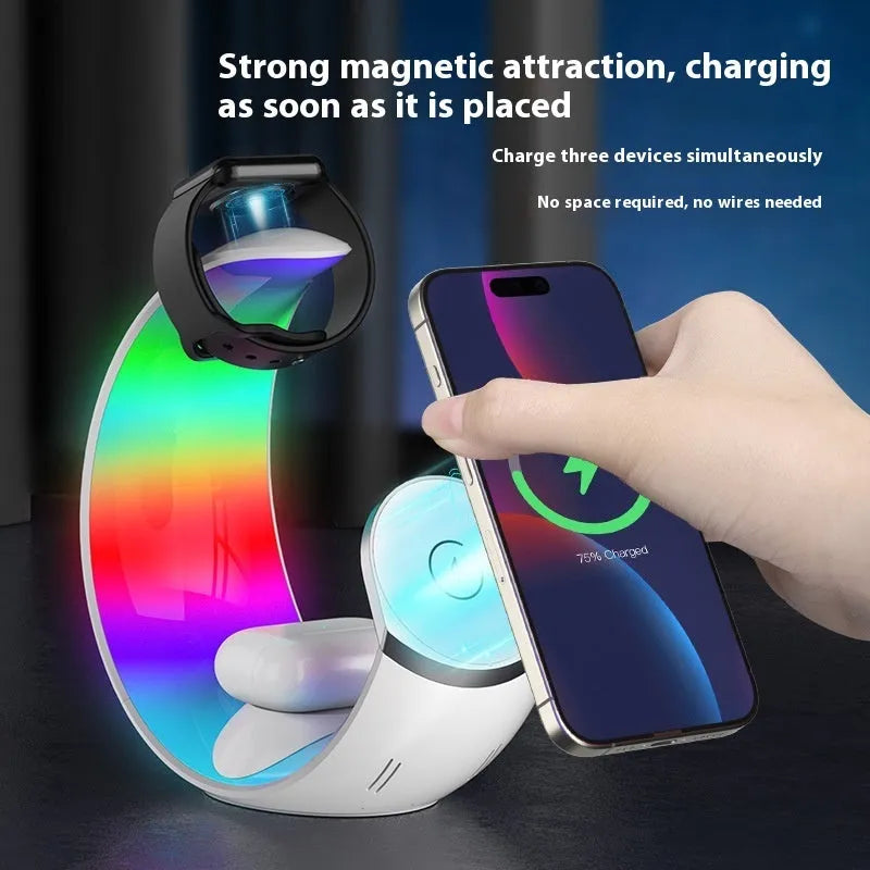 White wireless ambience light charger with Type-C connection showing bedside placement