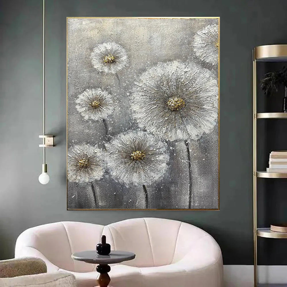 Large hand-painted white flower plant oil painting on grey canvas, unframed vertical single-panel wall art
