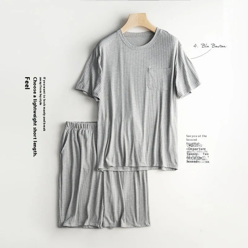 Men's thin polyester summer T-shirt and shorts home wear suit in oatmeal color with deep gray shorts
