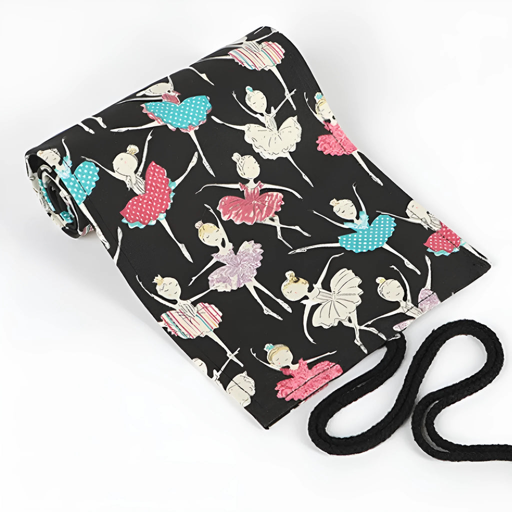Canvas rolling pencil case with ballet girl print, showing multiple hole capacity options for colour pencils.