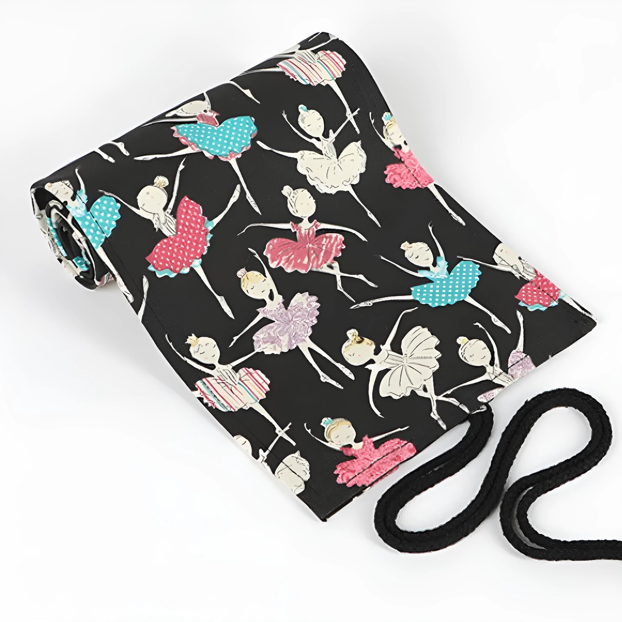 Canvas rolling pencil case with ballet girl print, showing multiple hole capacity options for colour pencils.