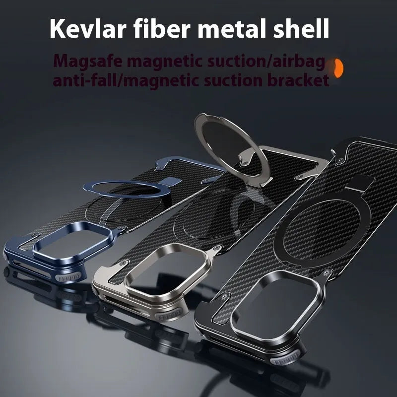 Matte black YILI shell carbon fibre magnetic bracket case for iPhone 16 Pro Max with carved finish