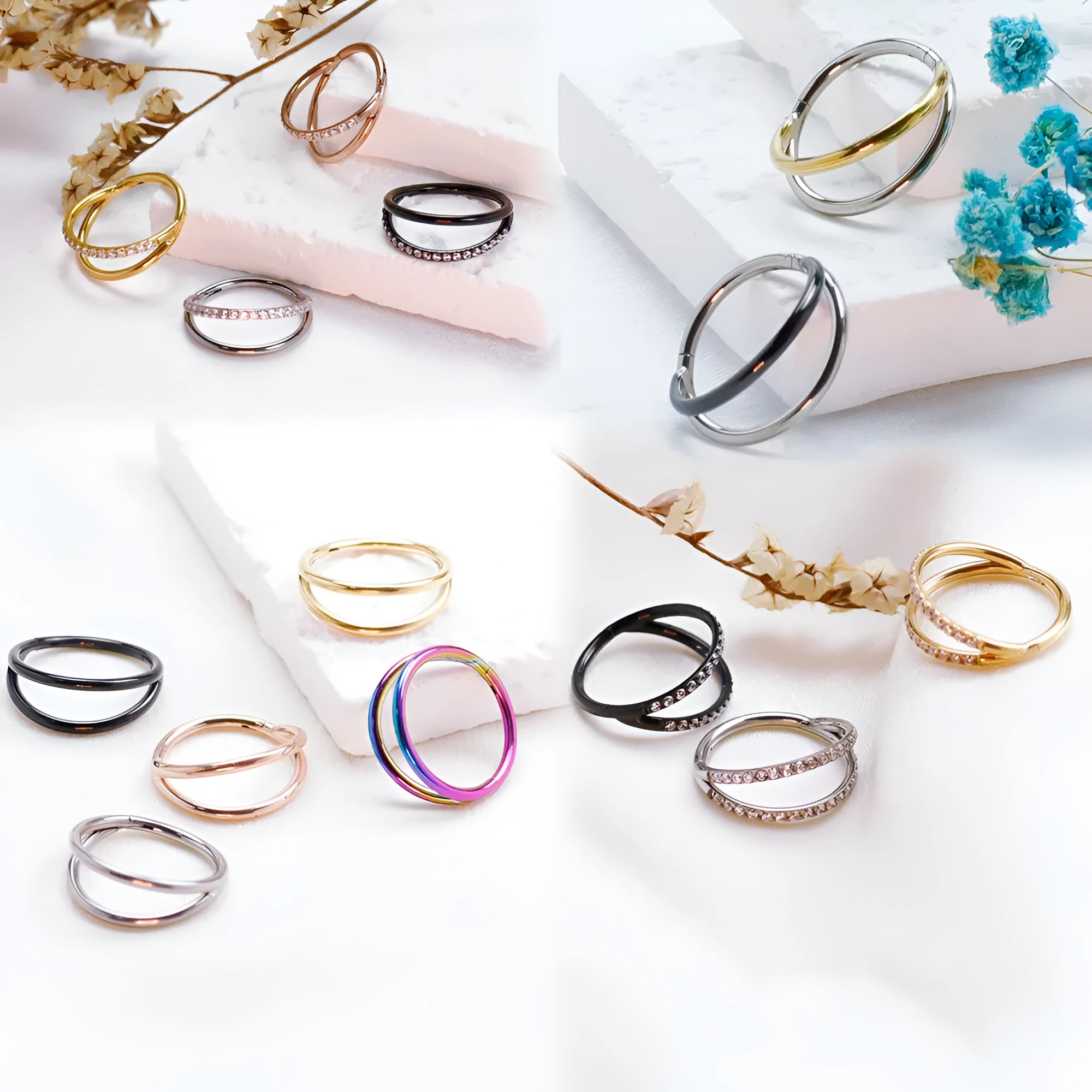 F136 titanium alloy fork nose ring body jewellery in silver, shown next to size options.