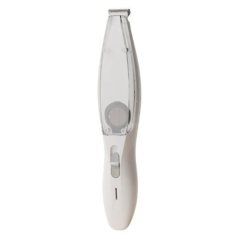 Pet shaver with vacuum cleaner in blue, green and white, with ABS plastic body and stainless steel blade for low-noise cat and dog grooming