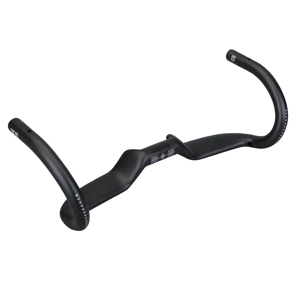 Black carbon fibre road bike handlebars showing large outer swing angle design