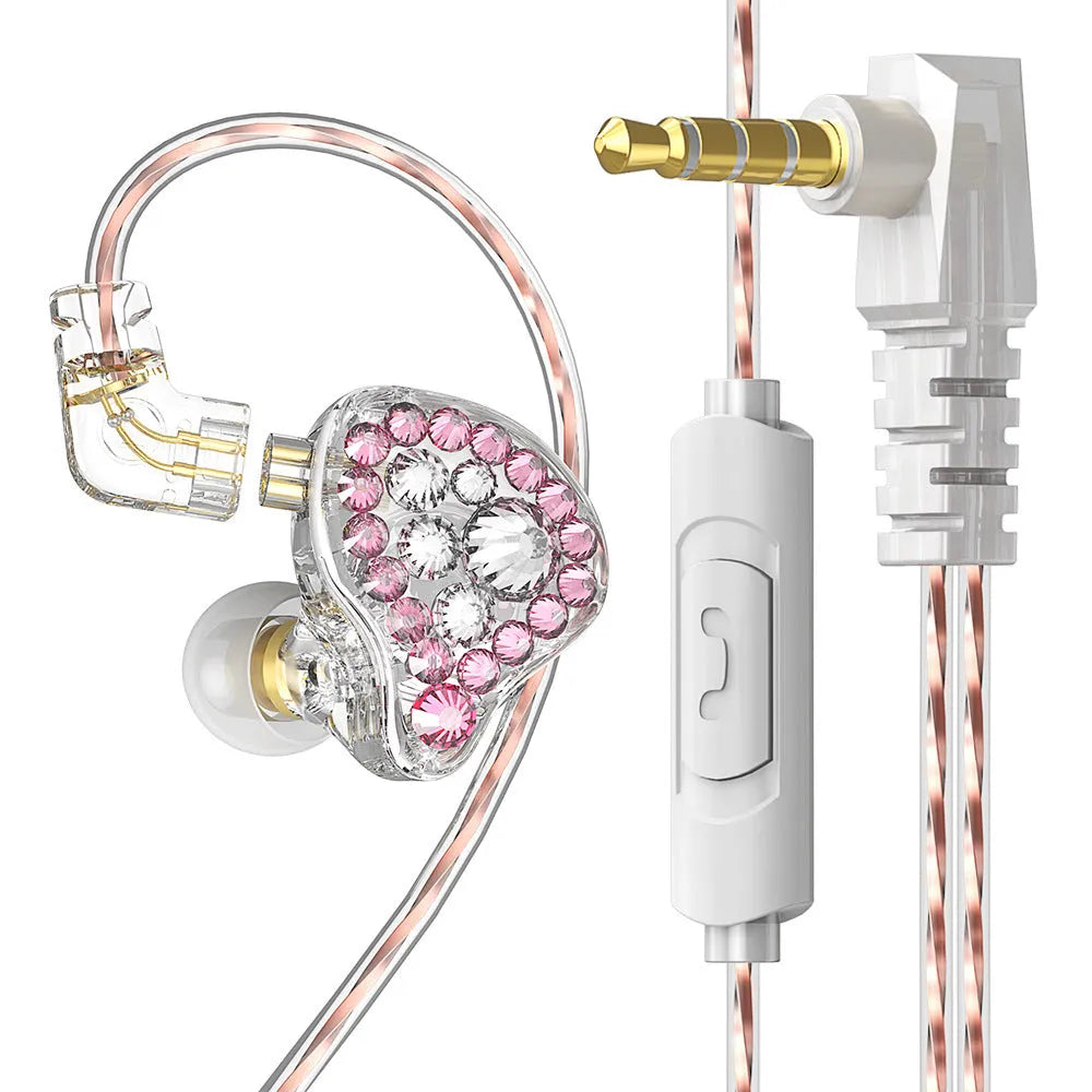 Girls' diamond embedded HiFi ear loop earphones, 3.5mm wired straight plug, wheat pink or purple, 1.2m or 3m cable.